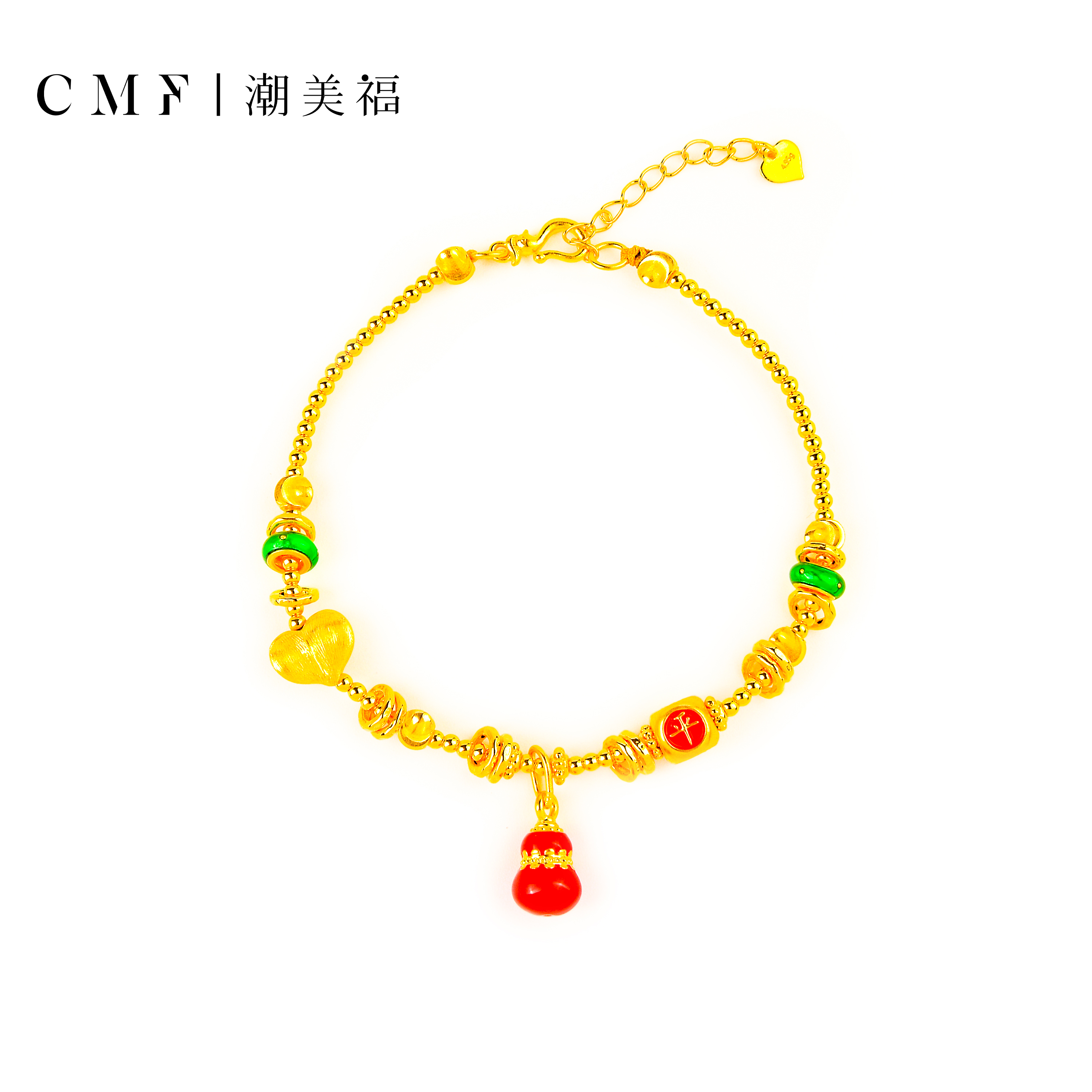 潮美福足金珐琅彩平安福禄金手链5D送女友七夕礼物