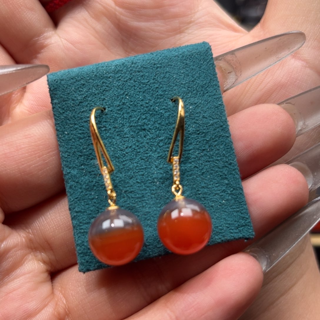 南红玛瑙耳坠银S925镀金镶嵌