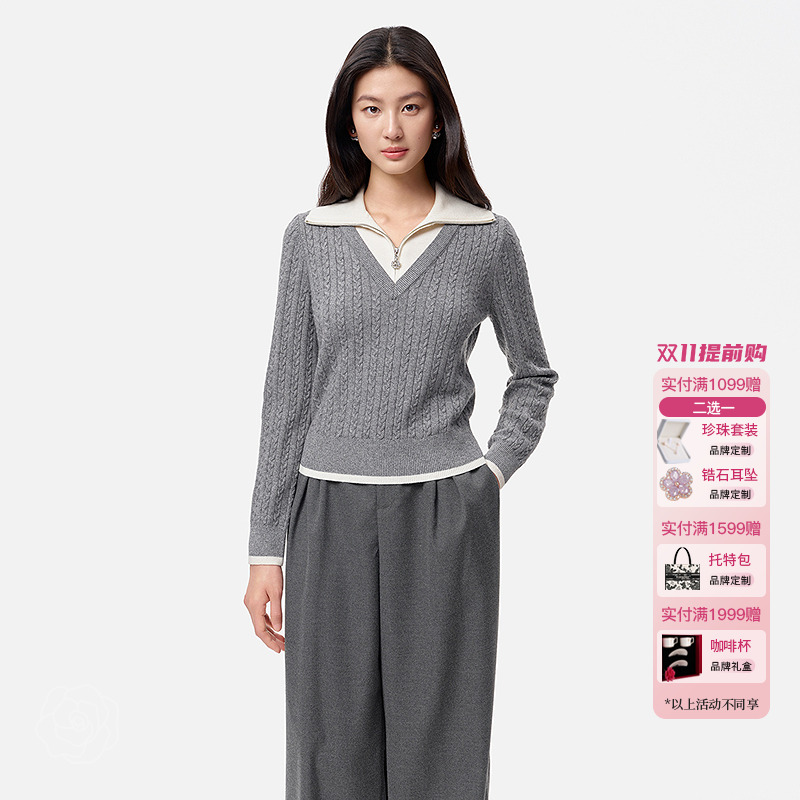 珂莱蒂尔2025秋新翻领拼色假两件套头休闲绵羊毛针织衫女