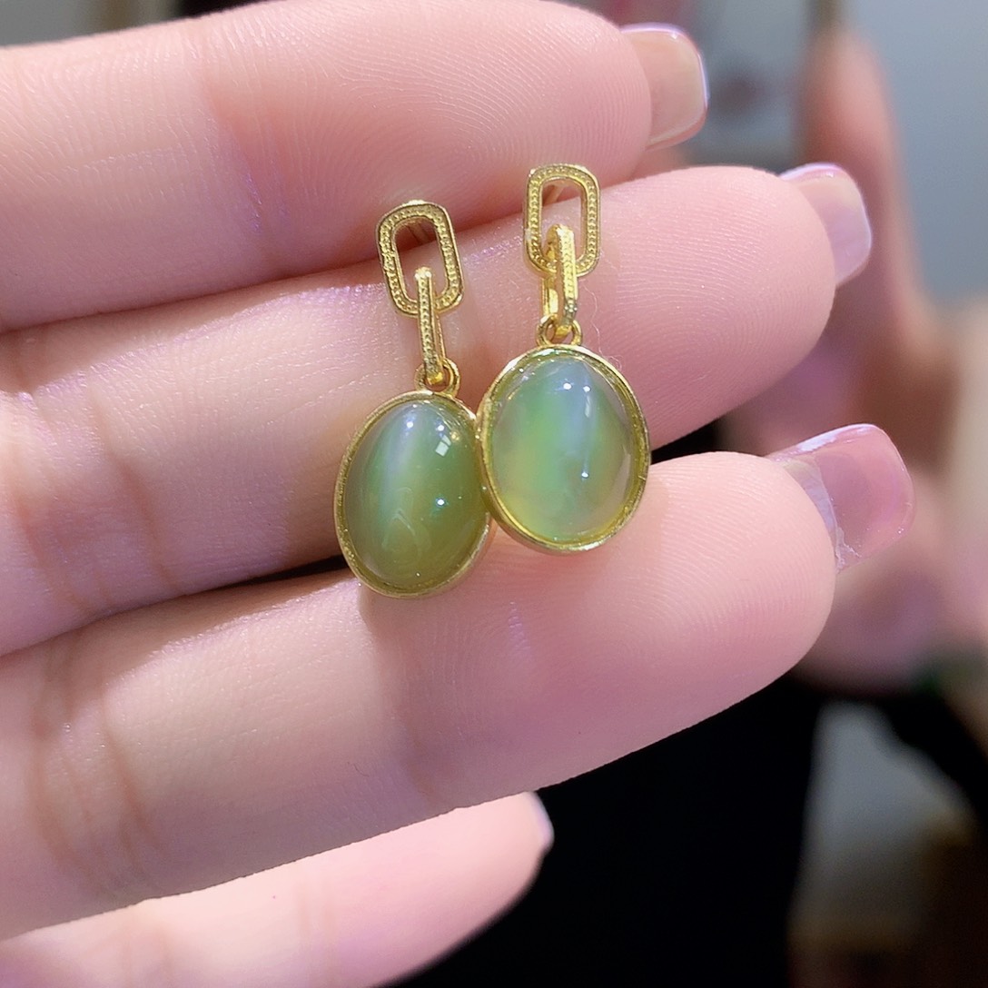 和田玉（碧玉）耳饰银S925镀金镶嵌