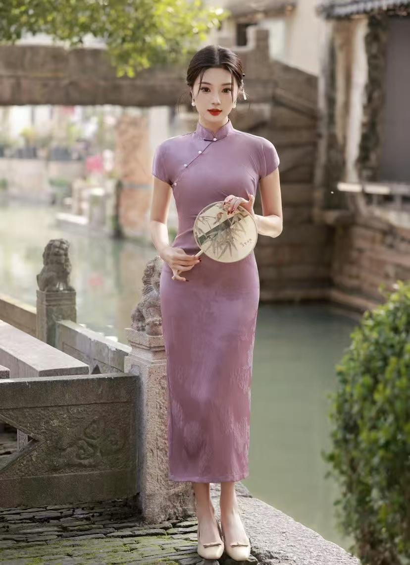 【紫韵】F·JUJU 2025新中式气质显瘦修身春夏款紫色提花旗袍