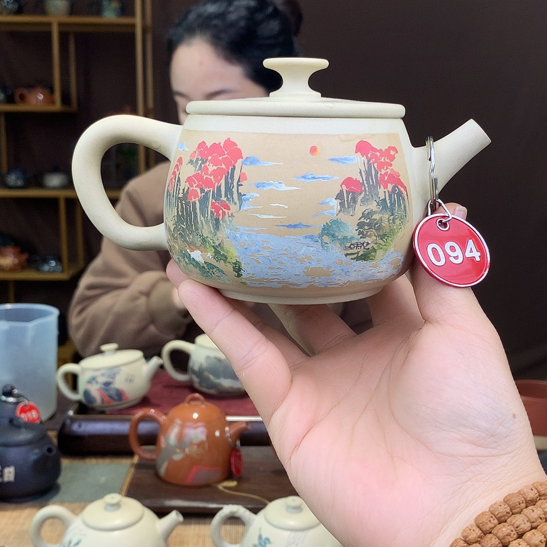 壶建水紫陶多道彩填山水茶壶094