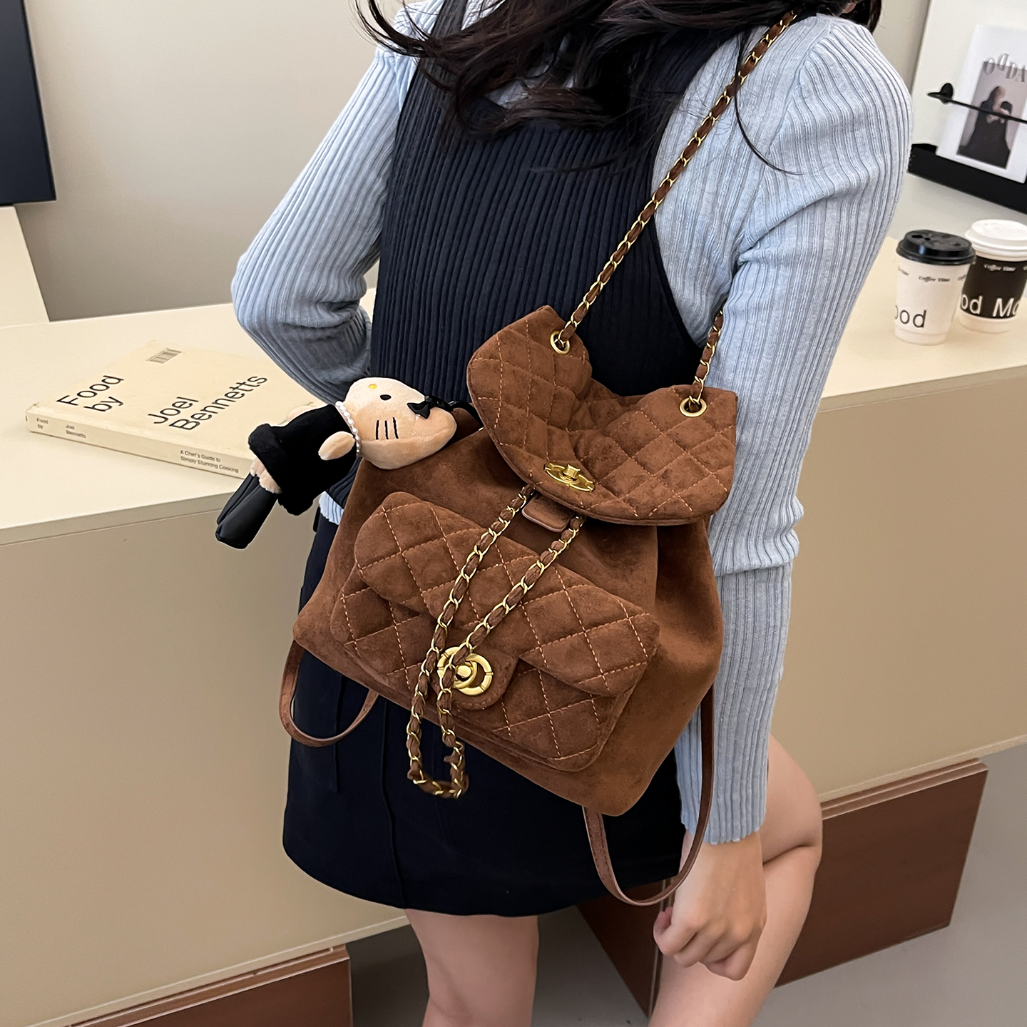 菱格链条包包女2025新款时尚复古双肩包高级感书包大学生通勤背包
