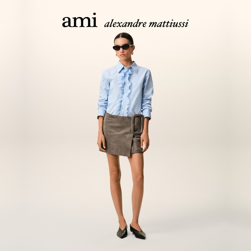 【早春新品】Ami Paris 女士条纹棉府绸荷叶褶衬衫