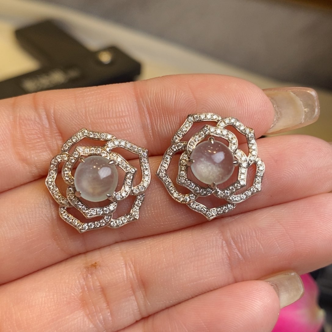 翡翠耳饰18K金镶嵌冰蛋