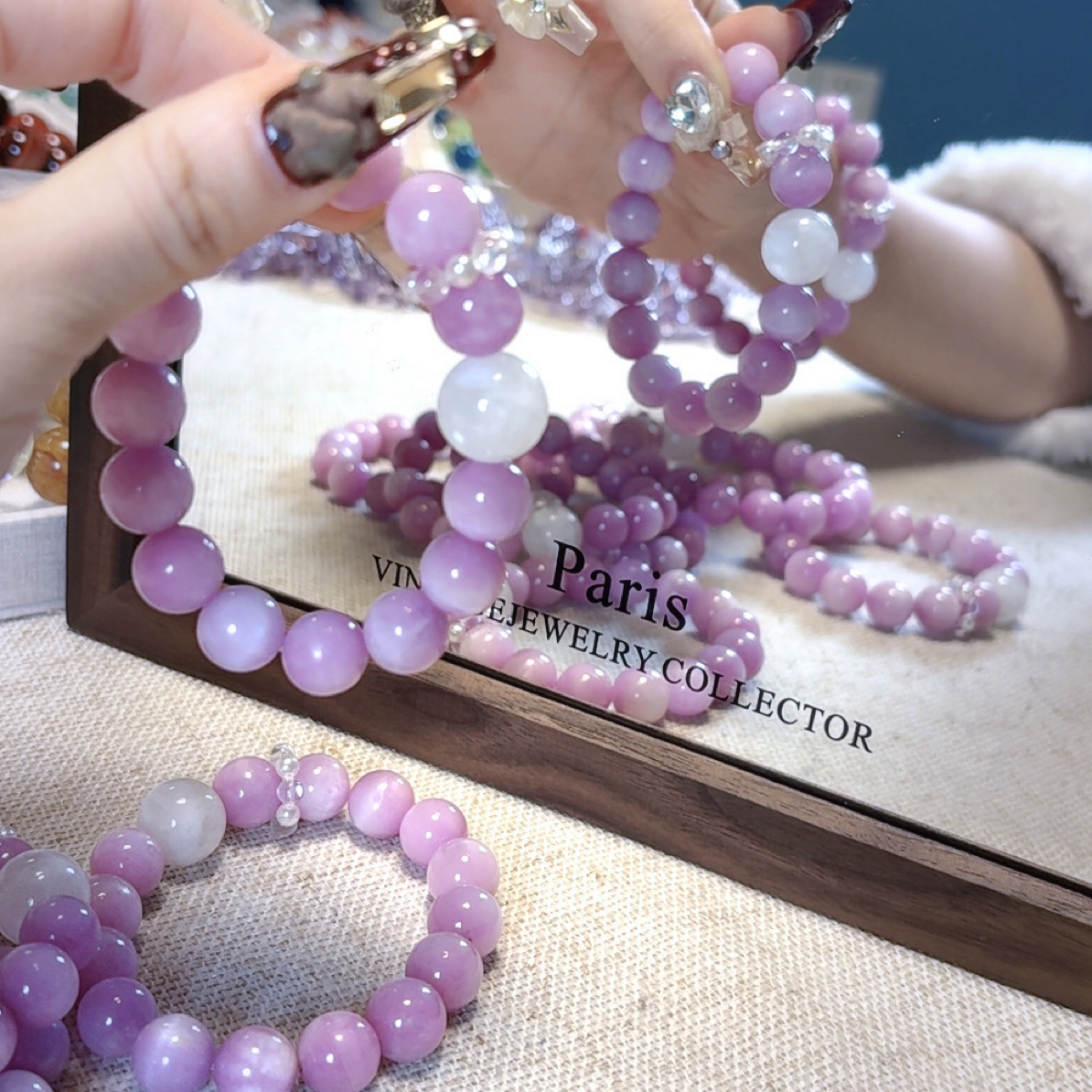 【新店福利】水晶皇后拉丝猫眼紫锂辉宝石11mm+雪花幽灵顶珠14mm