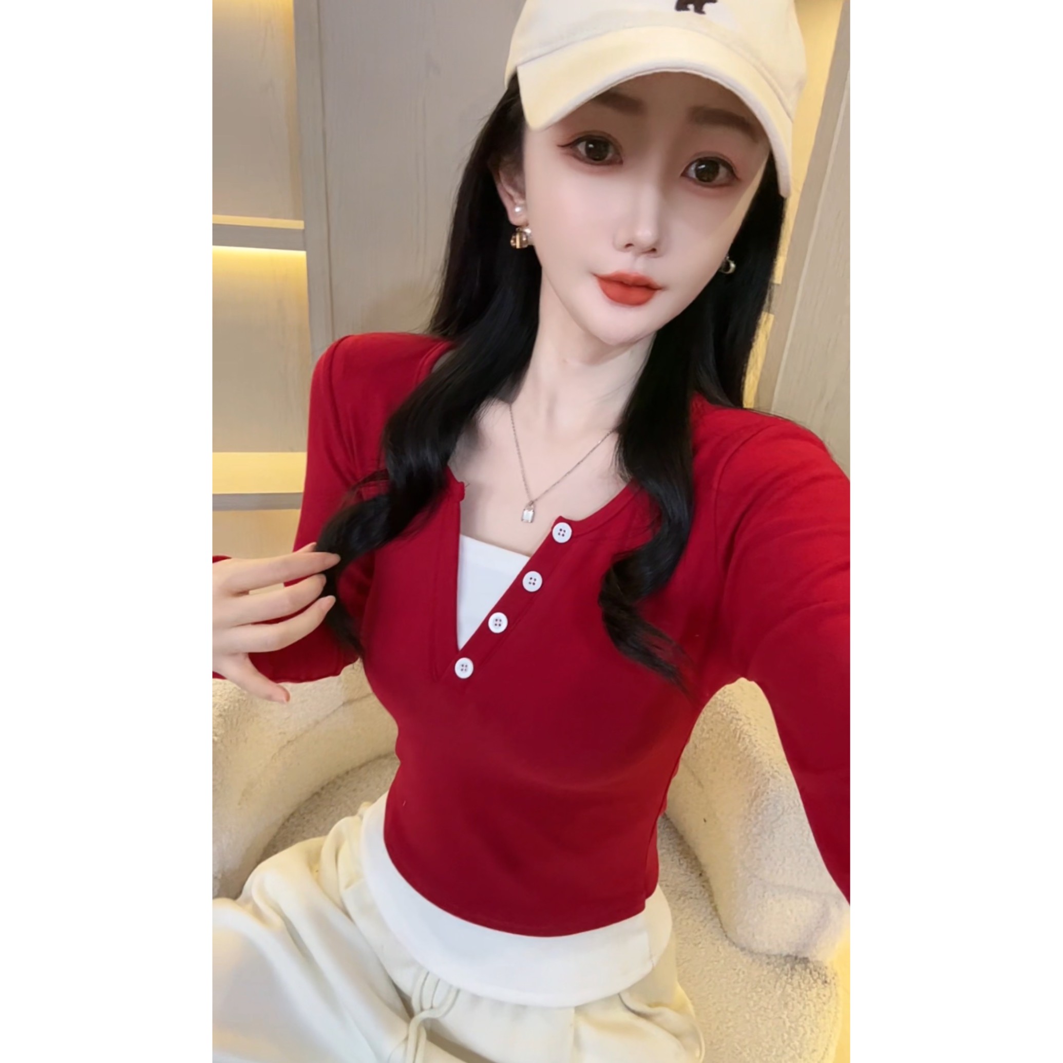 【小伊811】双面德绒加厚撞色V领打底衫女长袖显瘦长袖秋冬保暖修身