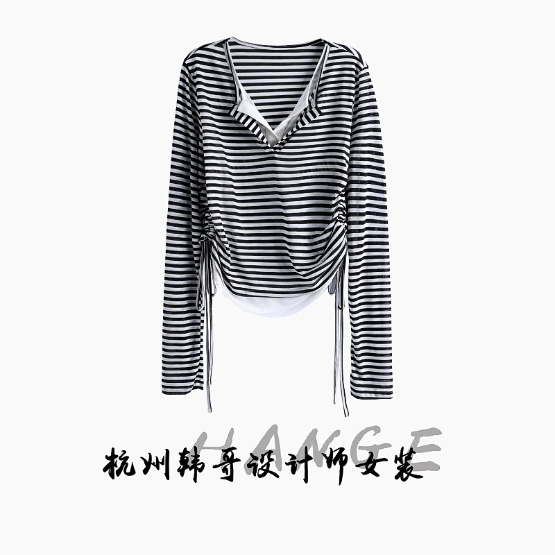 【韩哥女装】2025欧版新品黑白条纹时尚v领抽绳收腰高弹上衣3202-A2