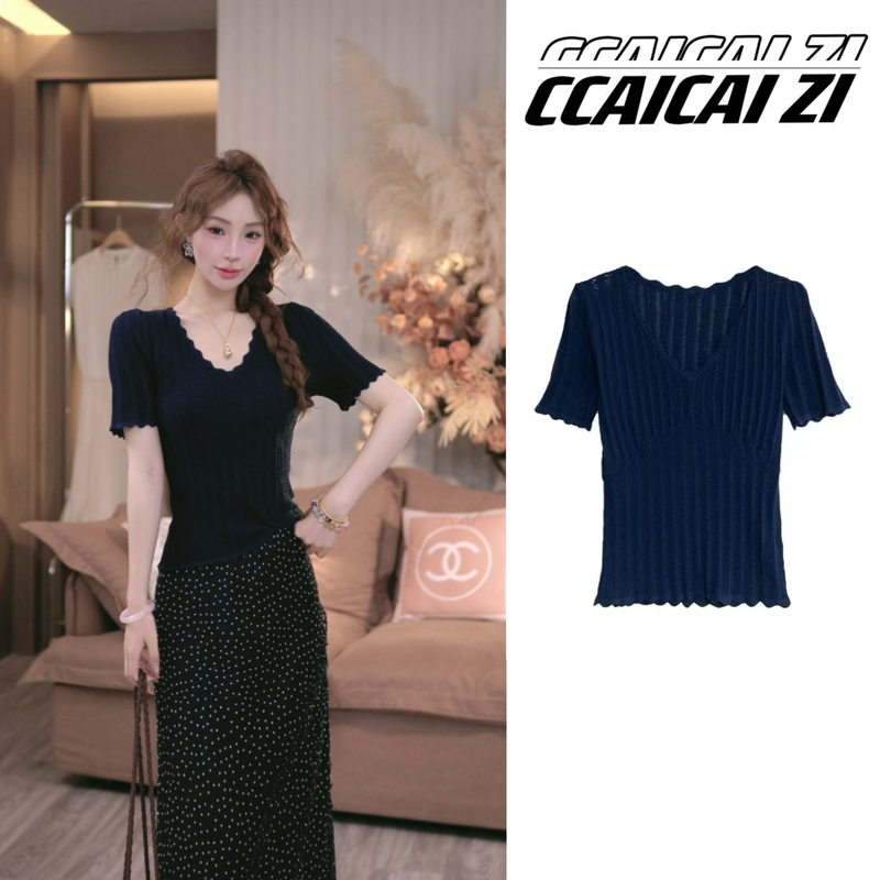 [no退no换] CCA313【休闲日记】夏季百搭V领纯色花边短袖上衣