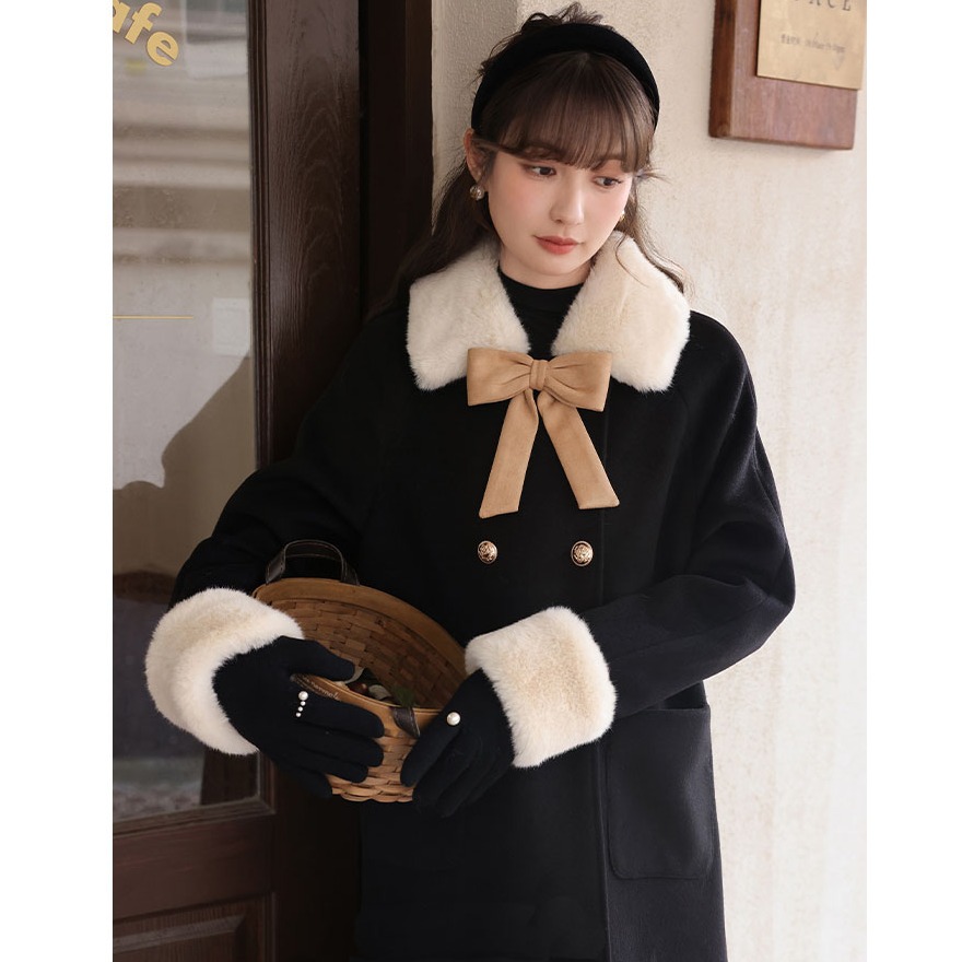 （现货）大码新款毛领高级感长袖外套春冬蝴蝶结毛呢外套1648