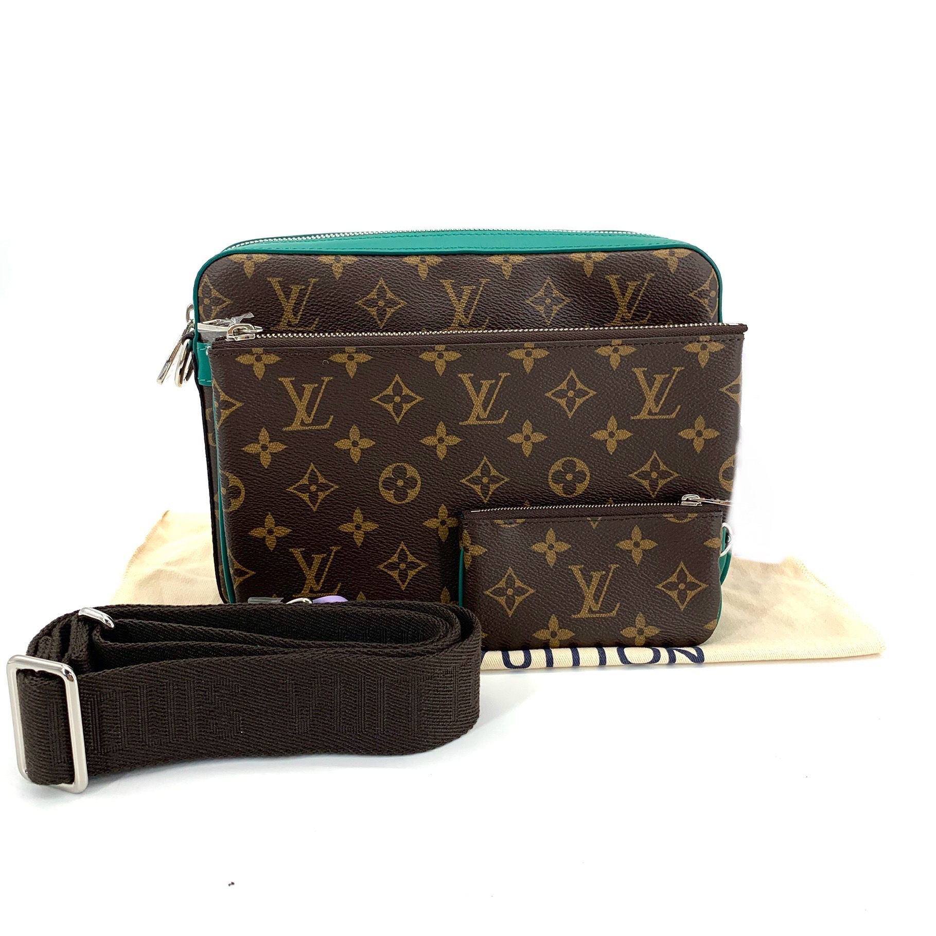 99新 LouisVuitton/路易威登 棕老花拼绿色三合一斜挎包 尺25/18