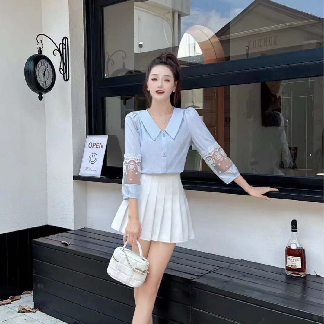 2025秋季女士百搭收腰显瘦七分袖polo领法式感衬衫洋气小衫2438
