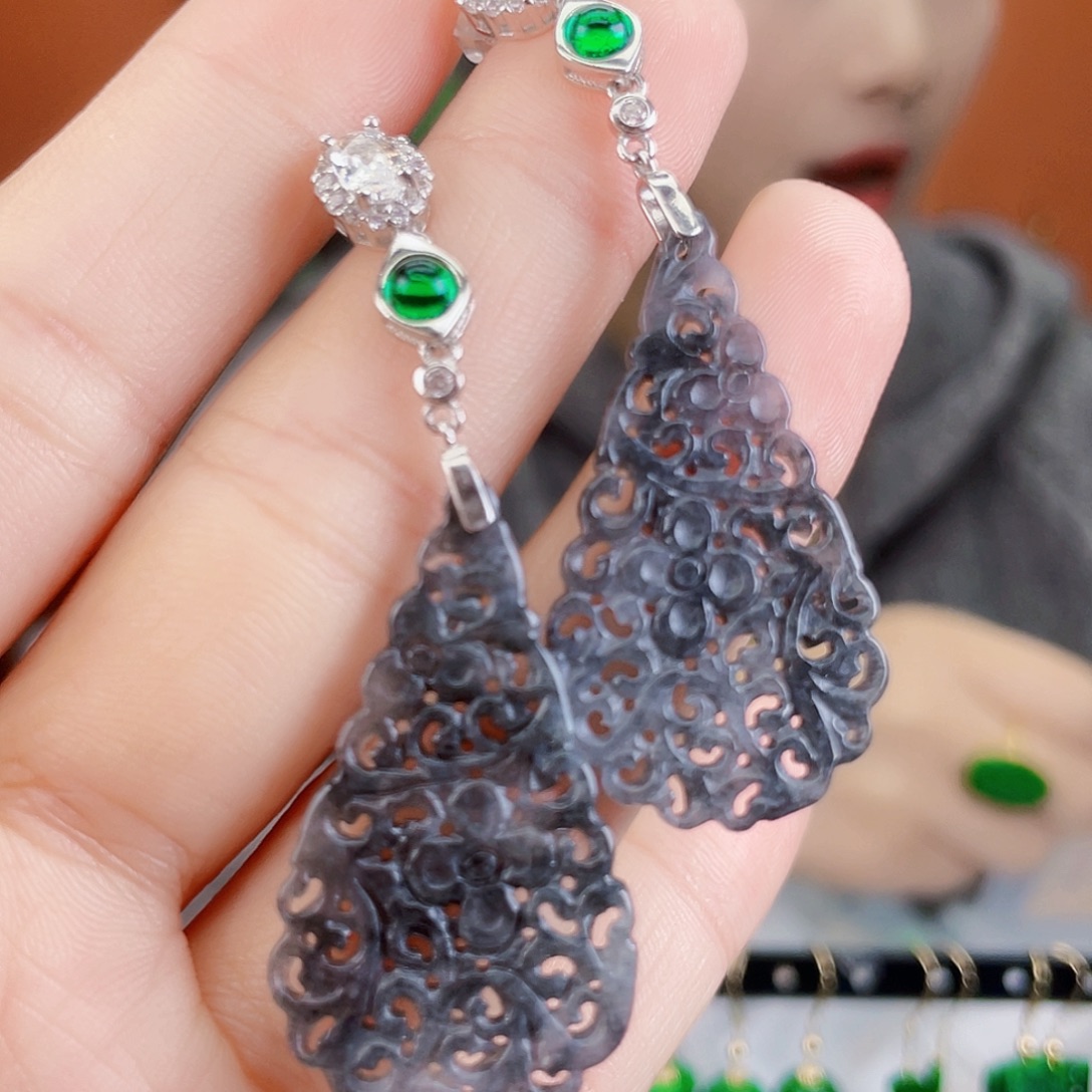 翡翠银S925镶嵌耳饰