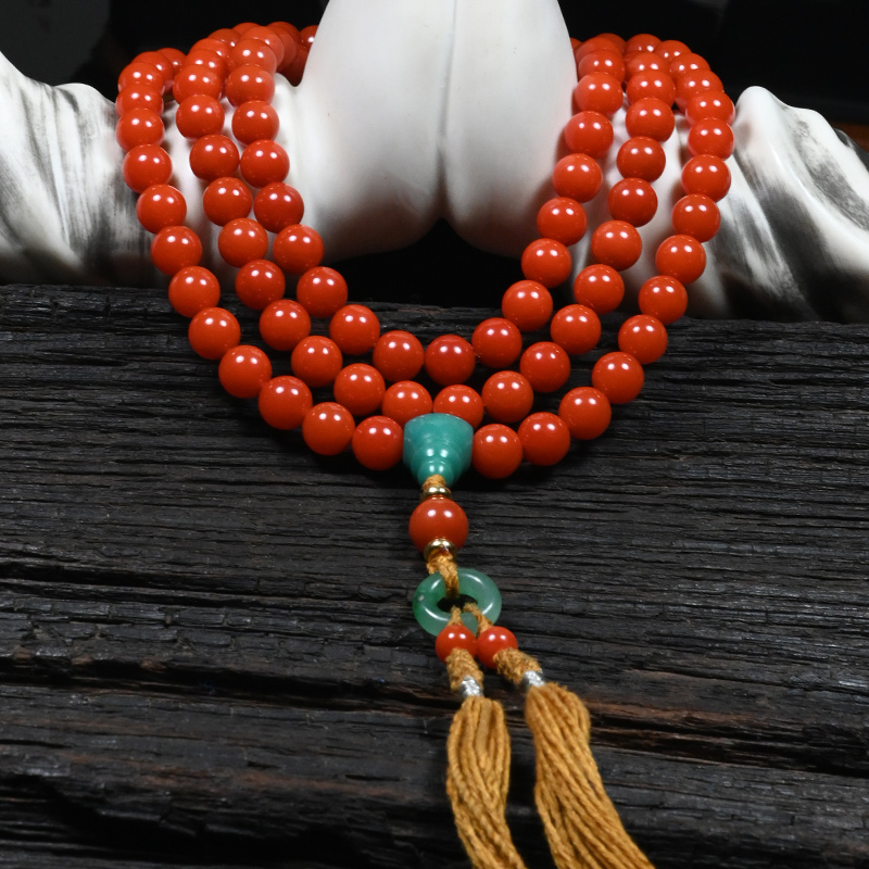 【鑫石阁】保山原矿南红西山冷水河柿子红卡9+圆珠108