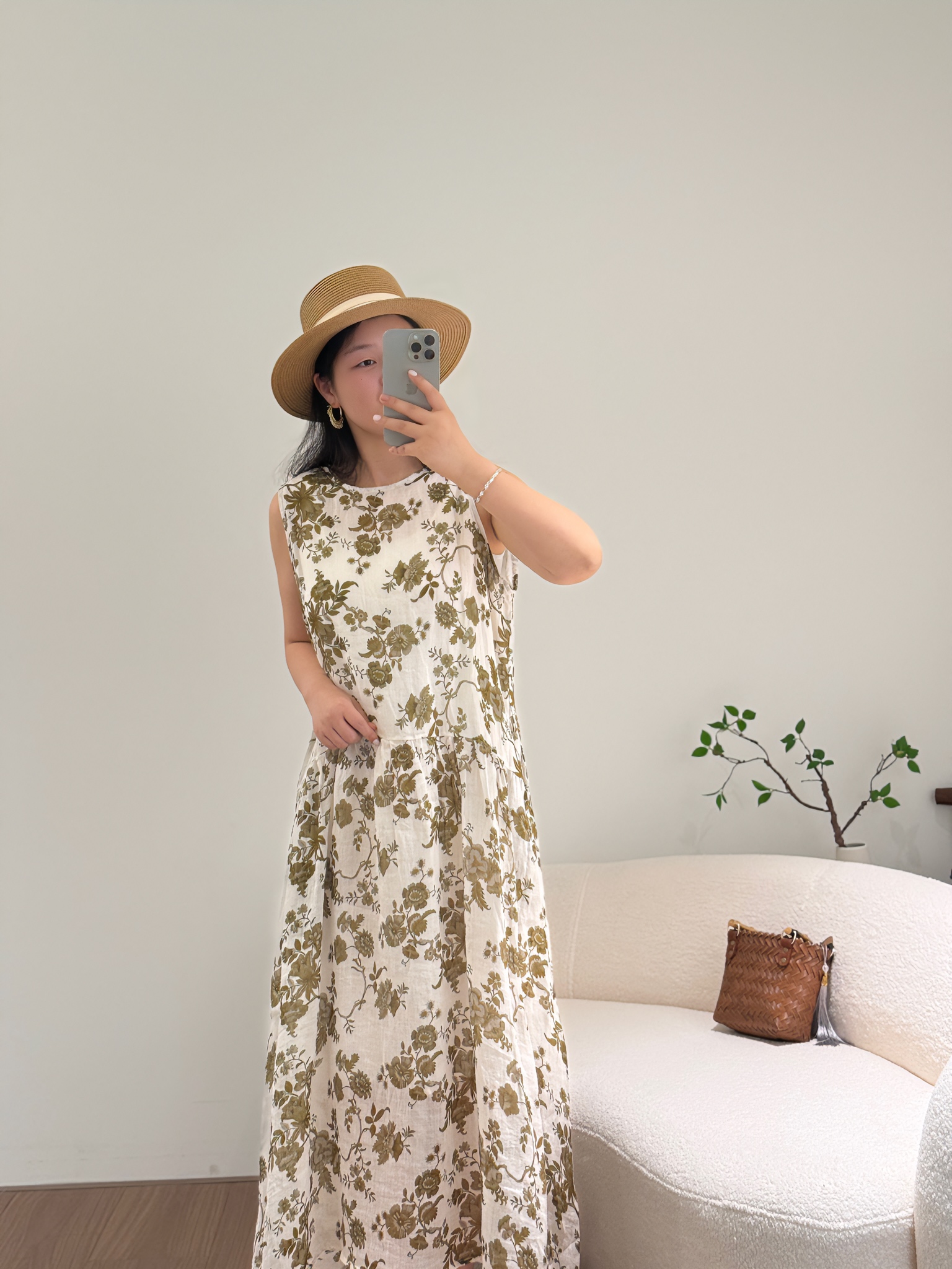 2025夏季新款复古百搭文艺高定印花苎麻双层背心连衣裙 白底咖花