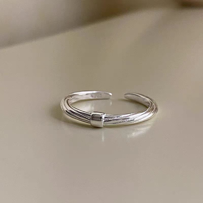 925银戒指 s925纯银双层圆珠戒指女简约时尚个性麻花开口戒高级感