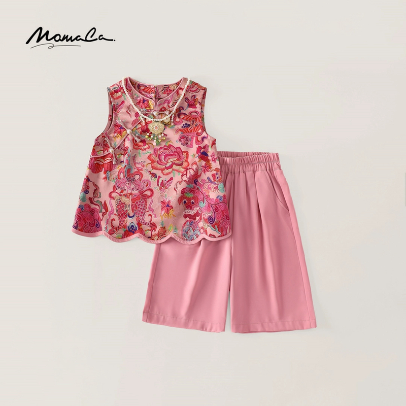 MOMOCO2025新款夏季锦鲤女宝复古双面国风七分裤套装77630578080