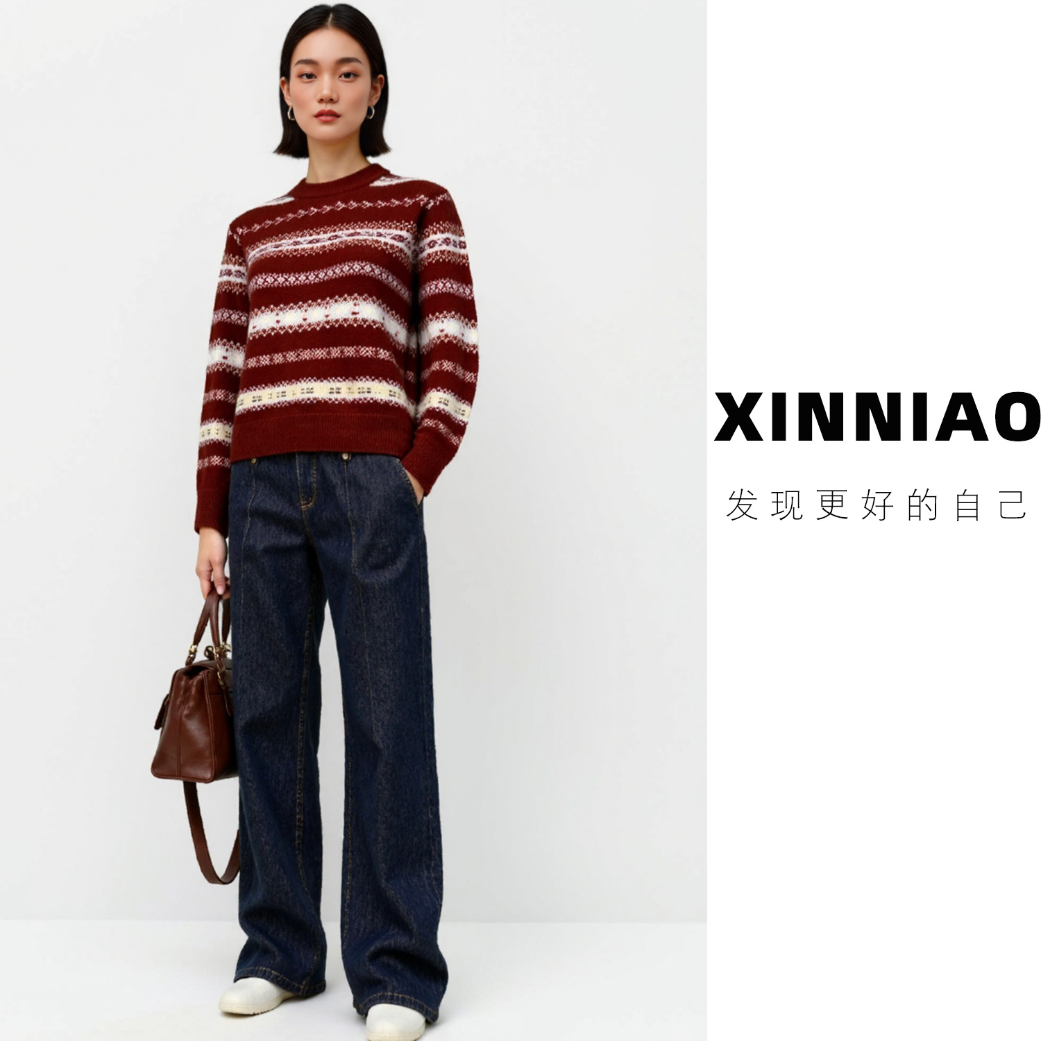 [Fair Isle Knit]XINNIAO纯羊毛提花针织衫条纹宽松复古柔软女装