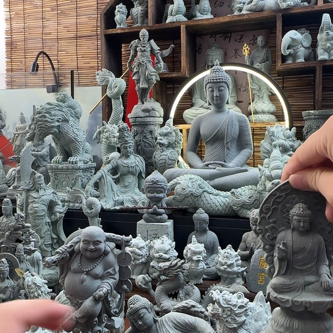 石材卧佛，弥勒佛，小房子，