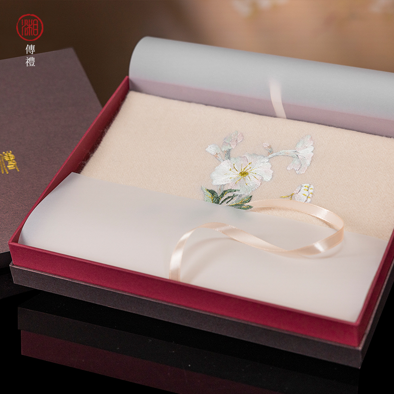 湘传礼湘绣高档纯山羊绒保暖手工刺绣围巾流苏中国红湘字礼盒送礼