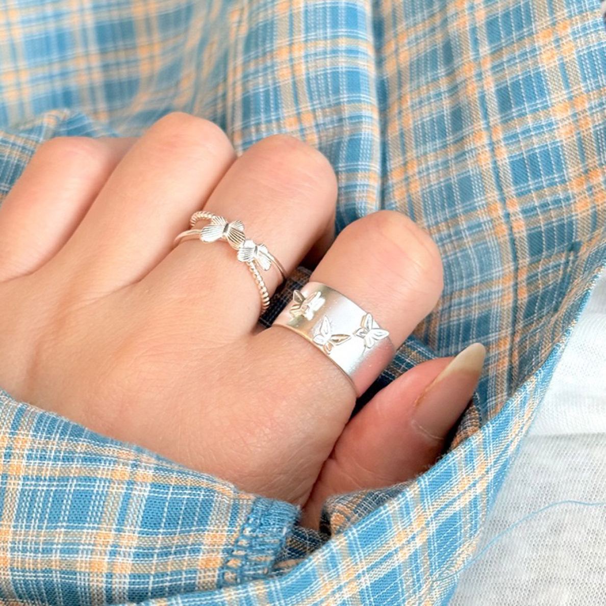 925银戒指 11-16港码立体蝴蝶宽面双层戒指叠戴百搭小清新高级感