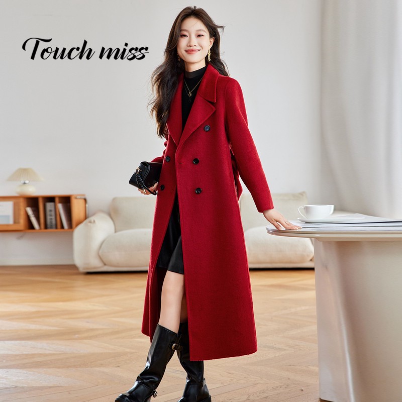 TOUCH MISS红色双面羊毛呢子大衣女长款过膝秋冬装2025洋气减龄气