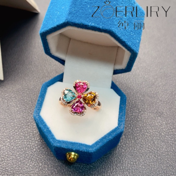 绰丽彩宝18k金镶嵌钻石天然彩色碧玺戒指 主石：1.72克拉