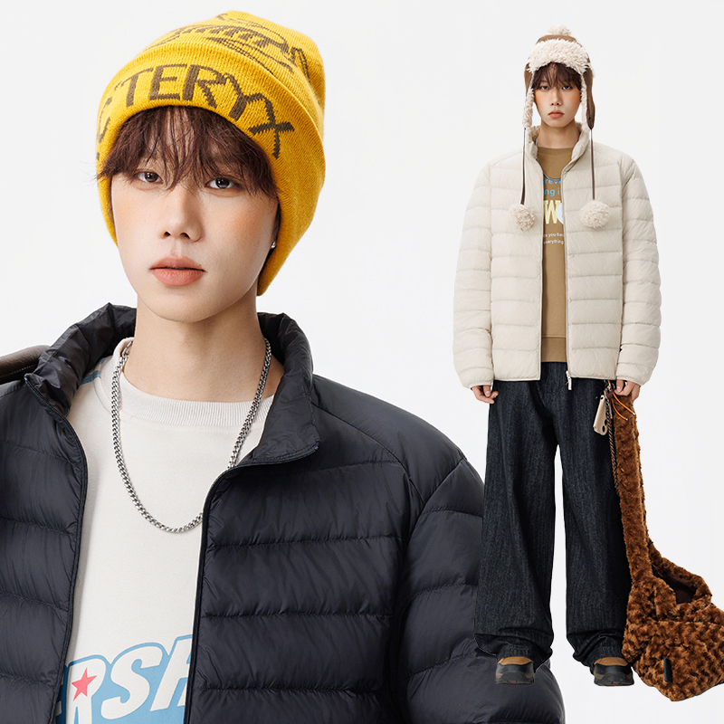 冬季纯色90%绒排骨羽绒服男女潮牌内胆宽松轻便保暖立领外套防风