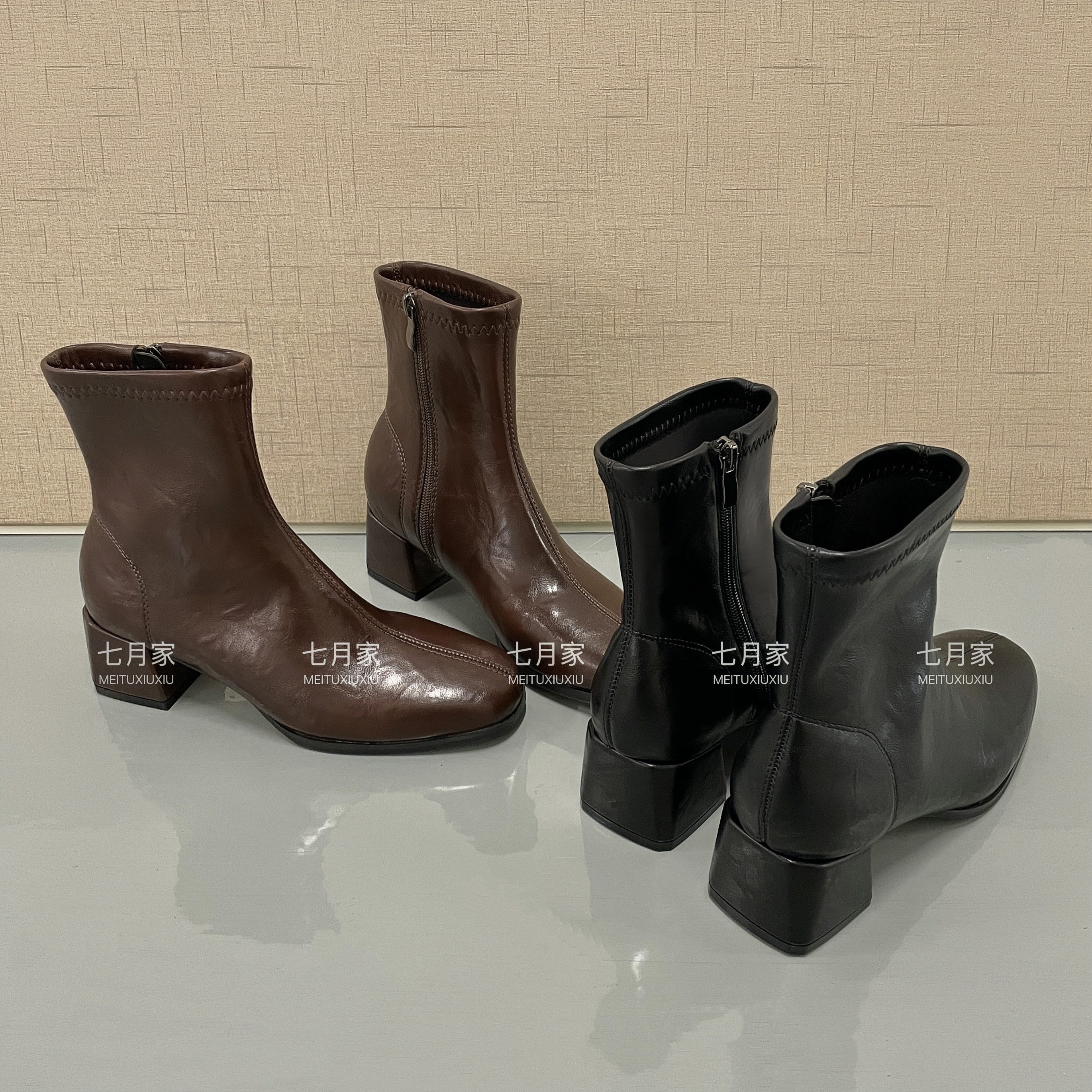 七月520-6 3CM 防滑粗跟复古港风方头短靴粗跟靴女靴时尚靴子单靴