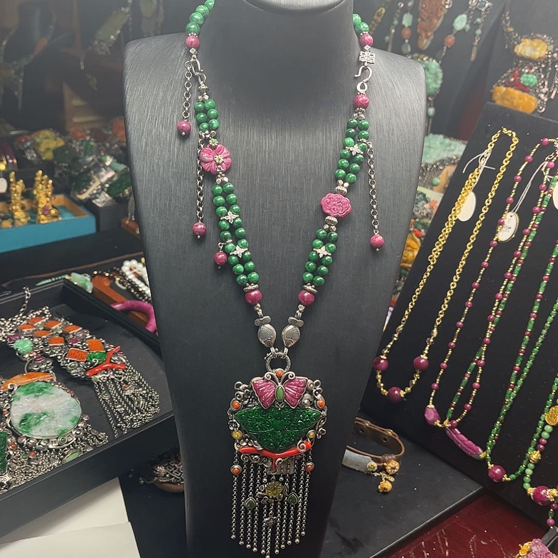 翡翠银S925镶嵌套链双十二直降翡翠红宝石项链套装