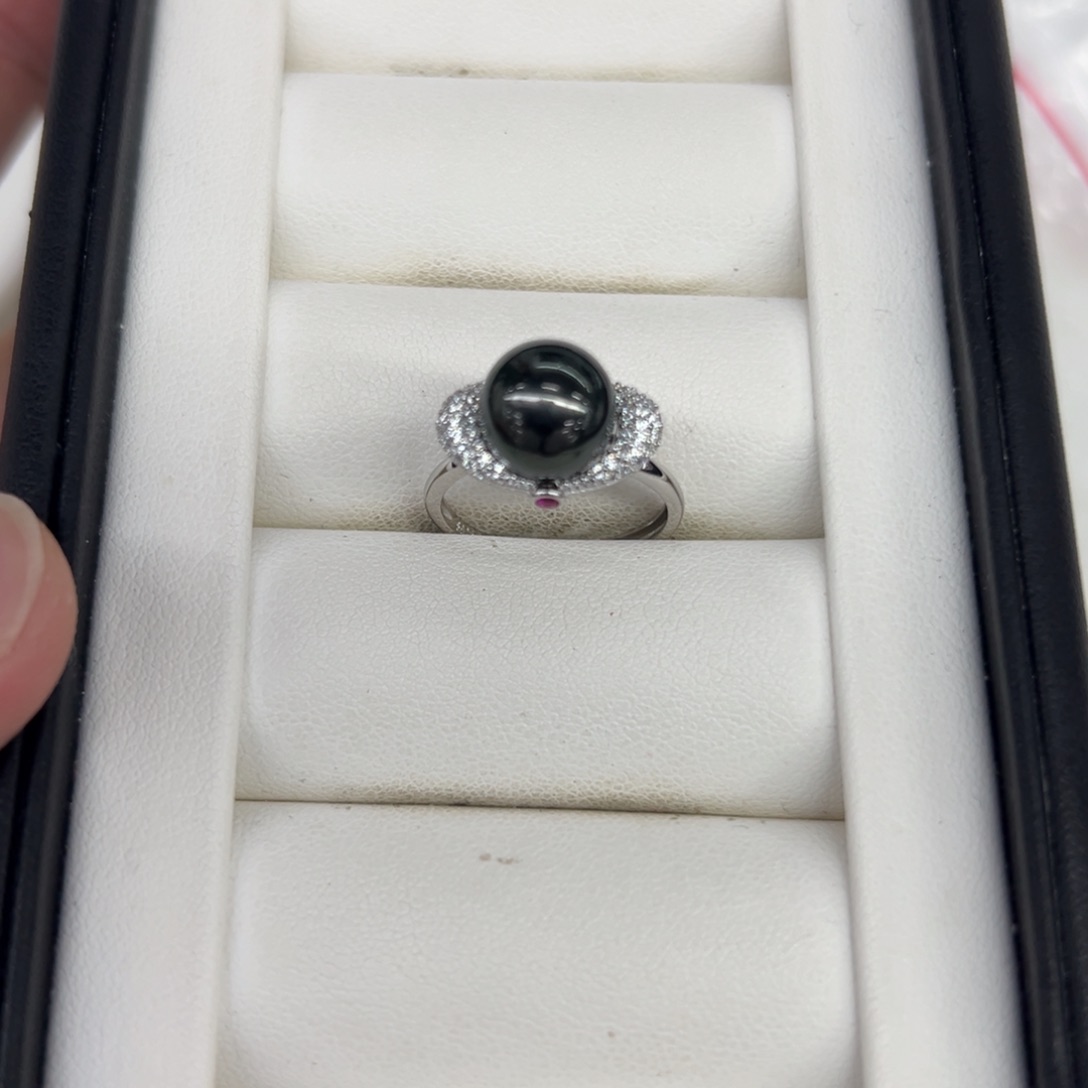 银S925镶嵌戒圈海水珍珠9-10mm大溪地戒指