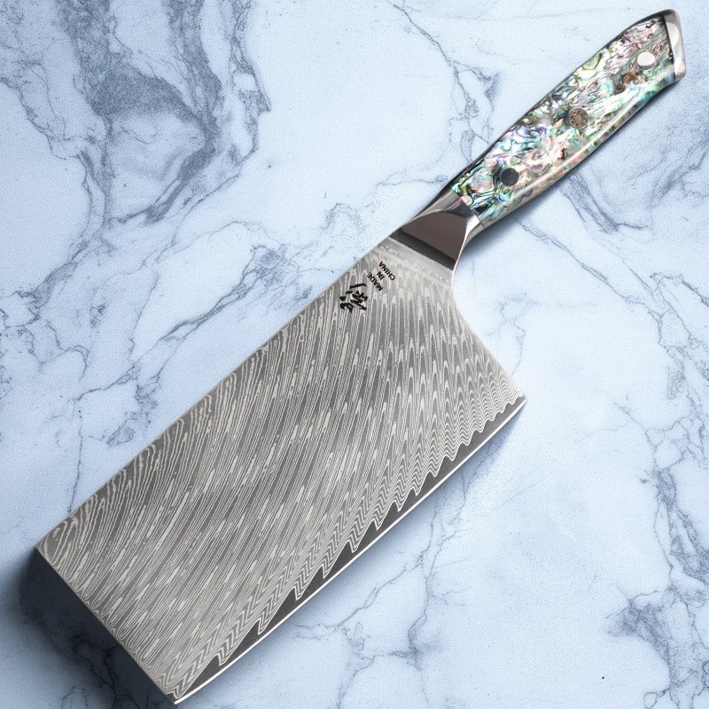 大马士革中式切片菜刀家用切肉刀专用羽毛纹鲍鱼壳手柄