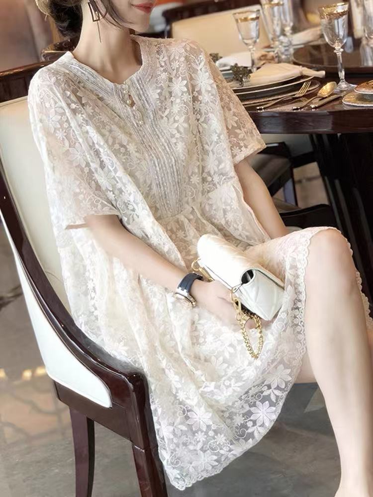 3065#【长87】2025新款时尚高级轻奢蕾丝钉珠连衣裙两件套套装