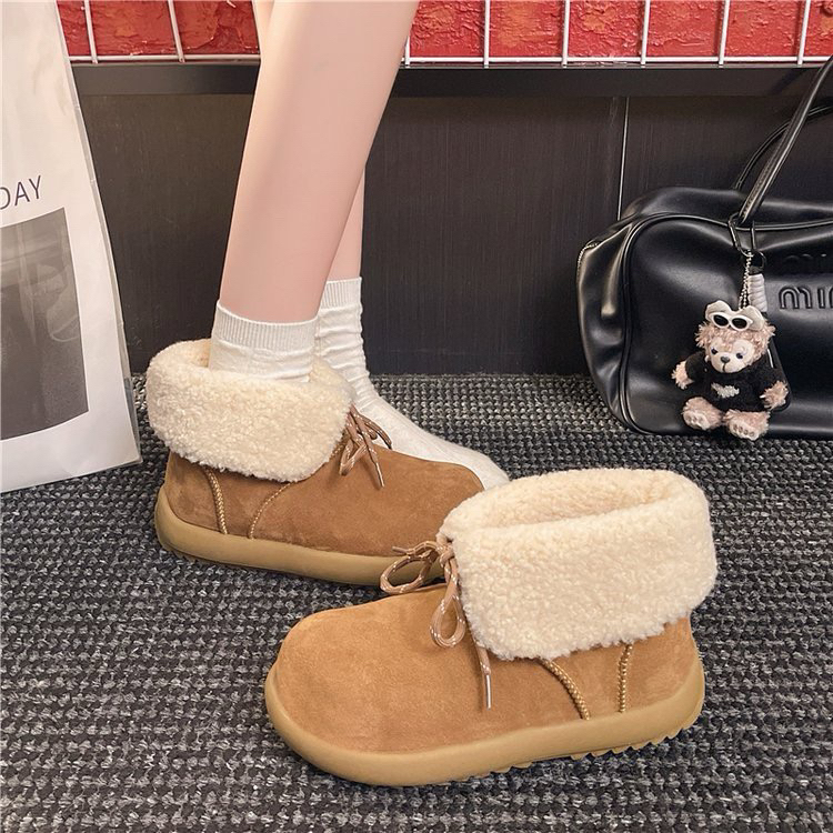 蓉姐专属～系带羊羔毛外翻冬季保暖圆头休闲短筒时软底7620-2