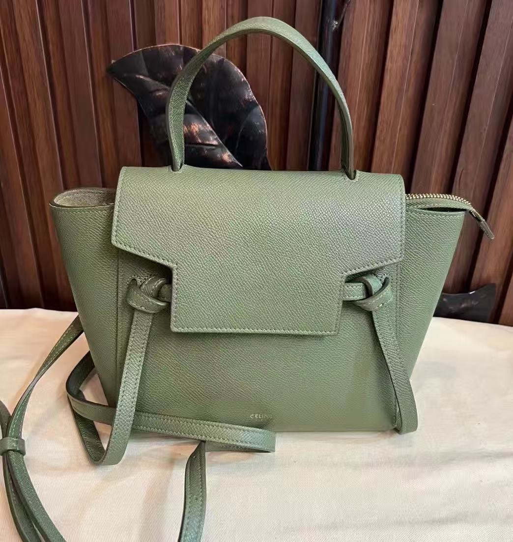 95新 Celine/思琳 GGS瑟琳鲶鱼包nano橄榄绿金扣牛皮71593421