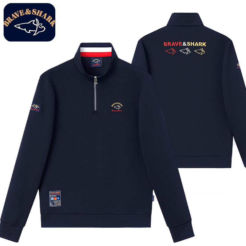 【官方正品】BRAVE&SHARK/勇士鲨鱼卫衣男立领半高领时尚刺绣打底衫