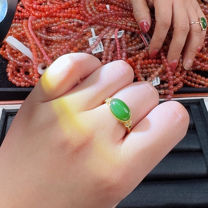 和田玉（碧玉）蛋面横款戒指银S925镶嵌