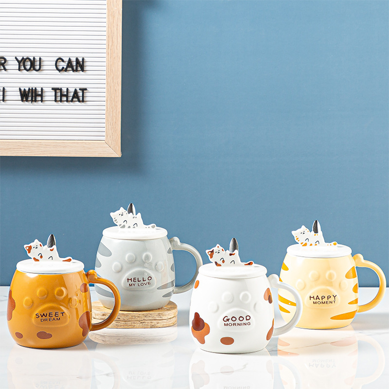 新款猫咪陶瓷杯创意手机支架学生水杯带盖带勺咖啡杯节日马克杯