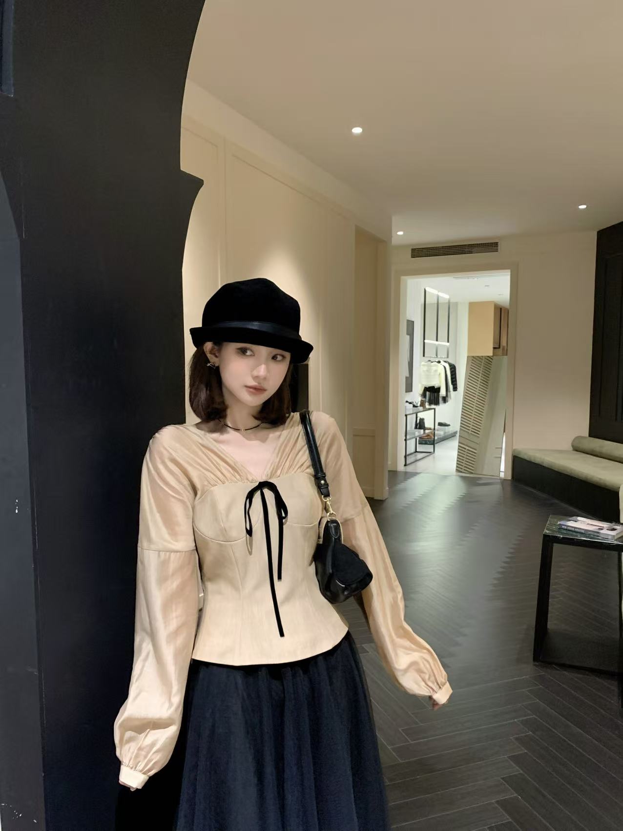 【芝士Cheese】摘星夜曲 常规套头V领纯色法式修身秋季长袖雪纺衫