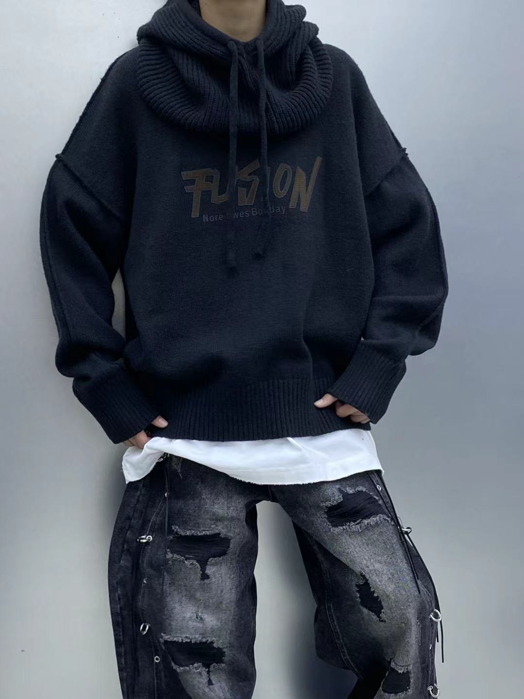 高品质时尚潮牌宽松连帽百搭长袖针织毛衣-90236