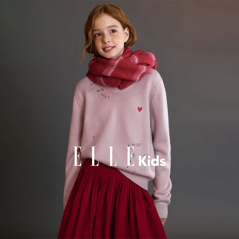 ELLE KIDS童装 字母绣花套头毛衣女童冬季新款复古鸡心领针织衫D5