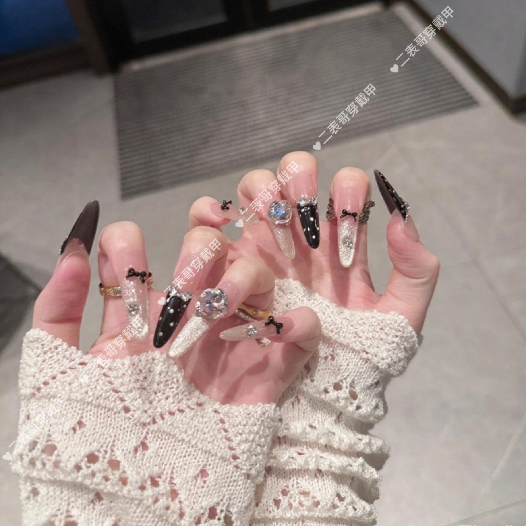 韩式秋法式猫眼蝴蝶结miu系千金纯手工美甲穿戴甲贵气轻奢醋酸