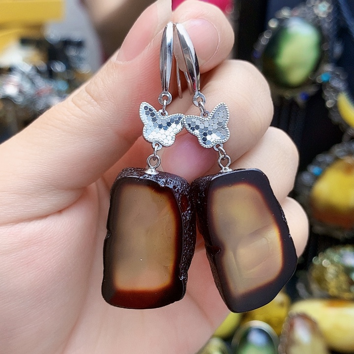 银S925镶嵌琥珀裸石耳坠