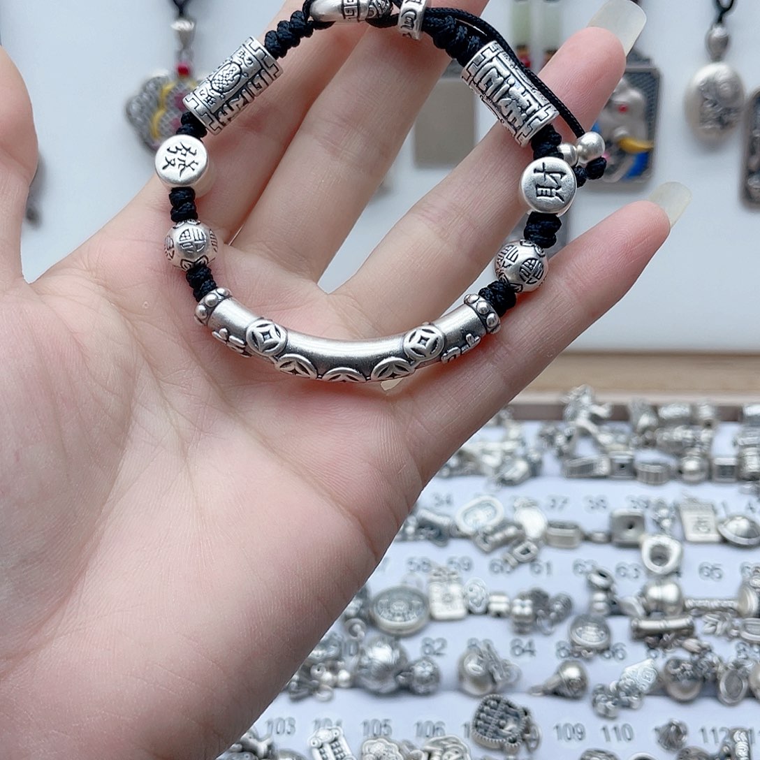 皮质足银福财弯管手链足银