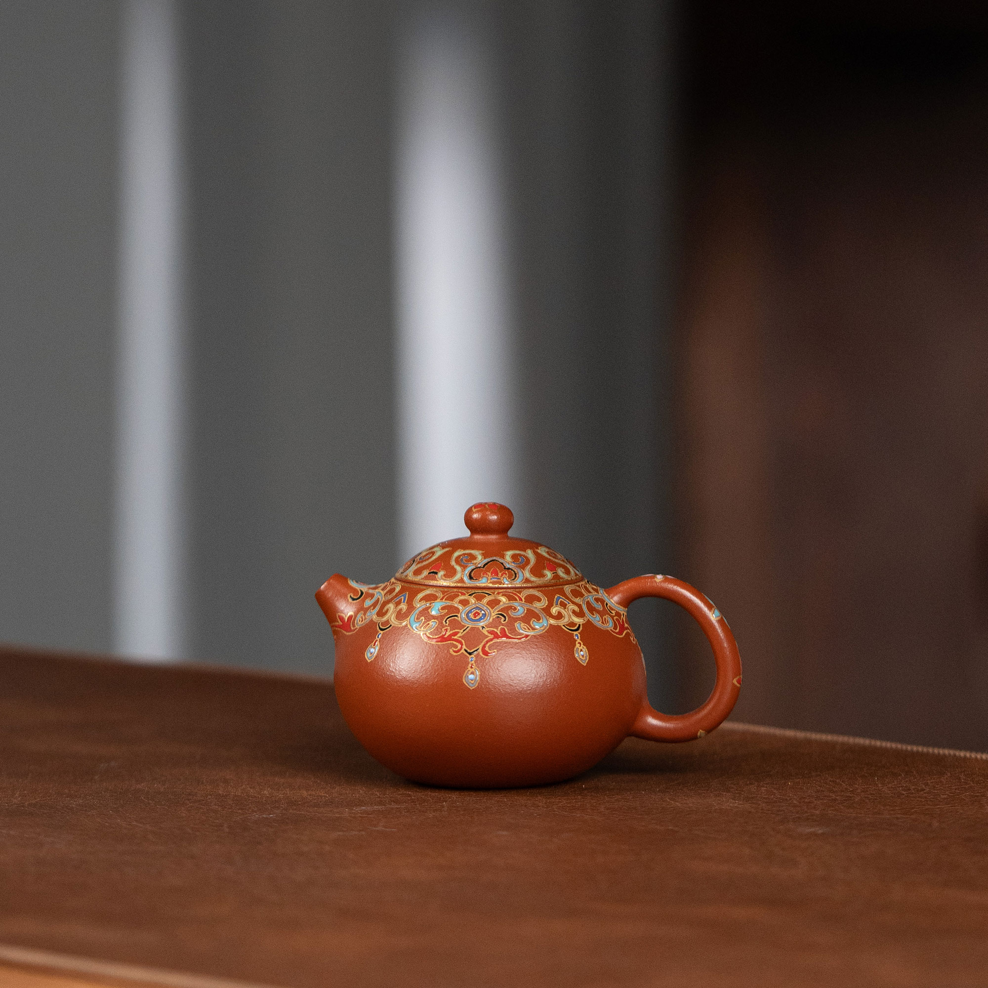 【利贞l珐琅文旦】原矿朱泥 约100cc 手工制 紫砂壶 茶具HZ