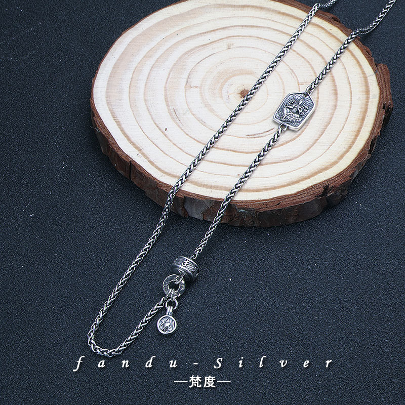 链子925银 纯银s925绿度母六字真言龙骨项链复古做旧精工时尚百搭