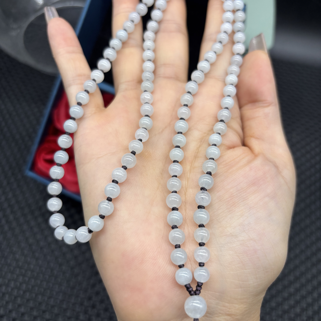 保真天然A货缅甸翡翠老坑白冰种圆珠5mm玉石挂件绳珠链项链百搭款
