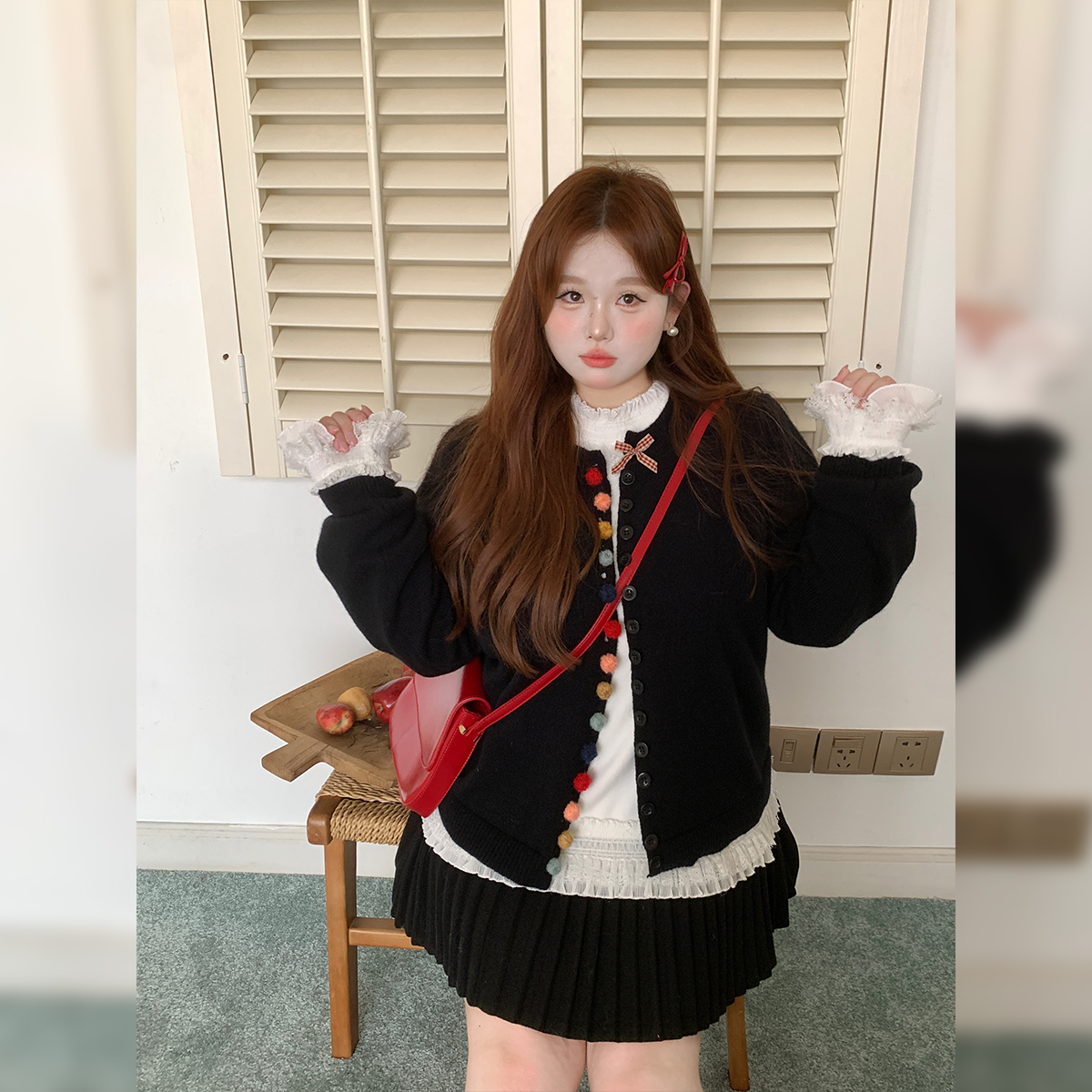 徐达布【诺尔玫瑰】大码宽松针织衫女微胖彩扣开衫外套M40620C61