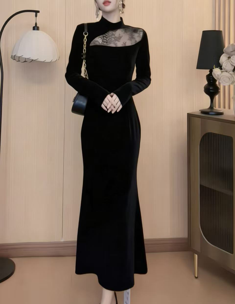 显瘦千金风镂空韩版拉链连衣裙秋季名媛礼服秋冬时尚网红