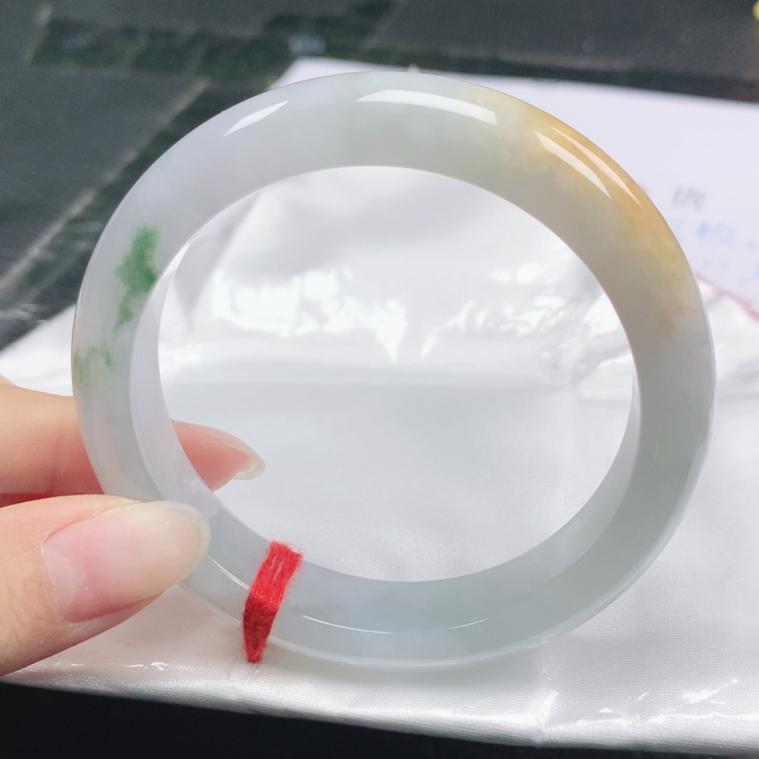 翡翠未镶嵌手镯翡翠59.0黄加绿正圈